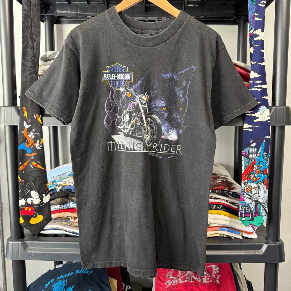 Vintage Black Harley-Davidson Midnight Rider Wolf Graphic T-Shirt Size L
